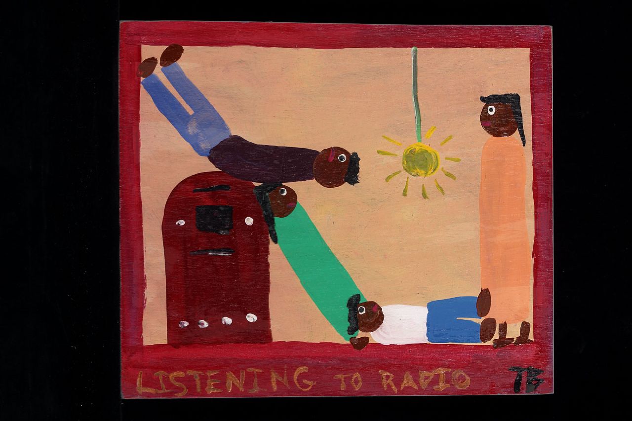 Brown T.  | Timothy 'Tim' Brown, Listening to radio, acrylic on panel 35.0 x 40.0 cm, signed l.r. with initials