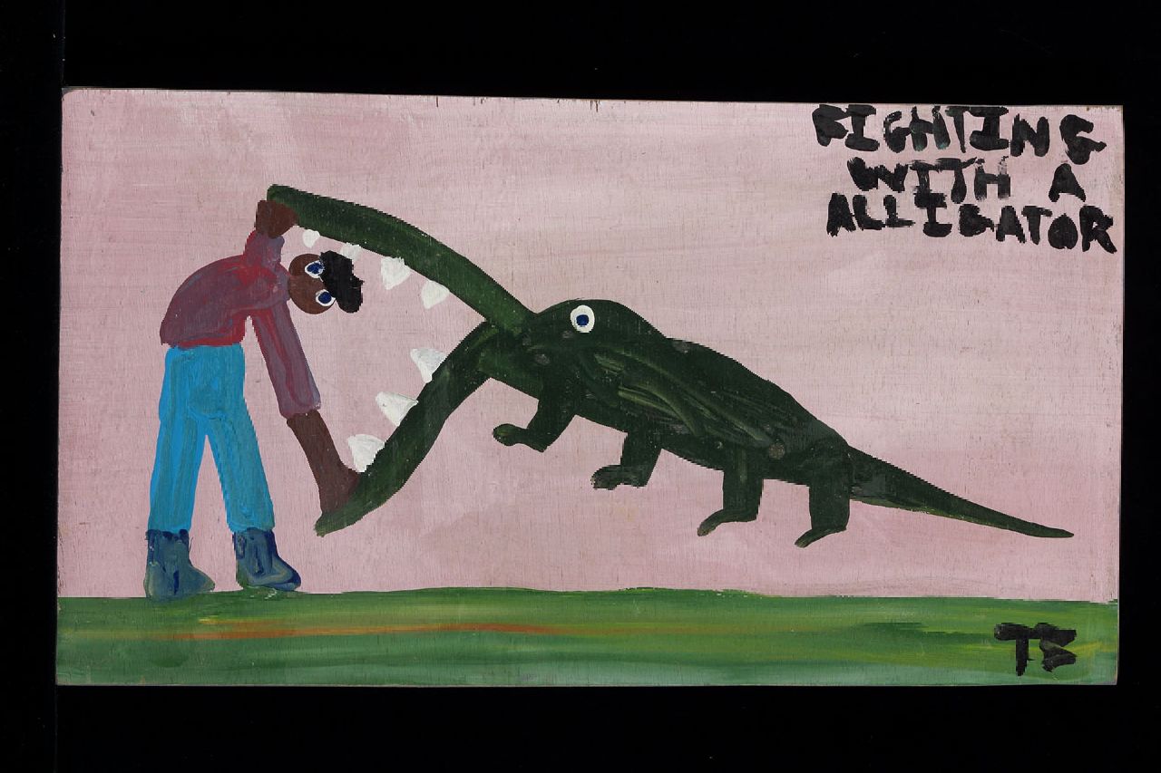 Brown T.  | Timothy 'Tim' Brown, Fighting with a alligator, acrylic on panel 28.0 x 51.0 cm, signed l.r. with initials