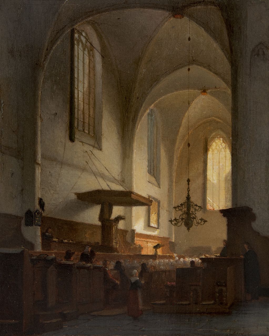 Schenkel J.J.  | Jan Jacob Schenkel | Paintings offered for sale | Church interior, oil on panel 34.2 x 27.7 cm, signed l.r.