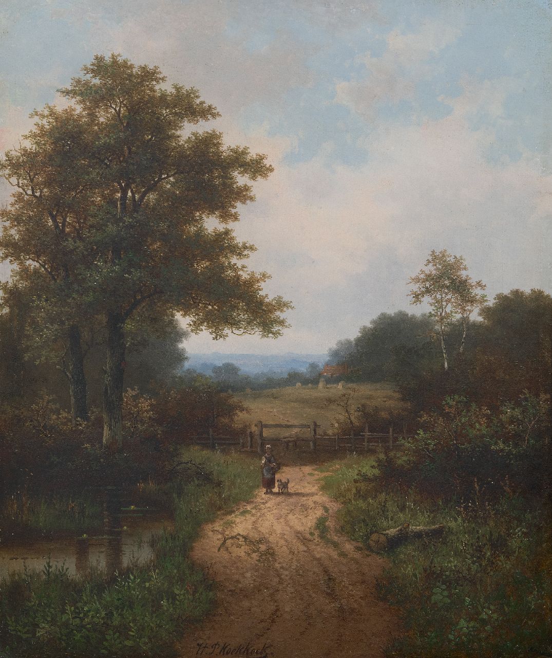 Koekkoek P.H.  | Pieter Hendrik 'H.P.' Koekkoek | Paintings offered for sale | Farmer's wife and dog on wooded country path, oil on canvas 61.0 x 50.7 cm, signed l.c.