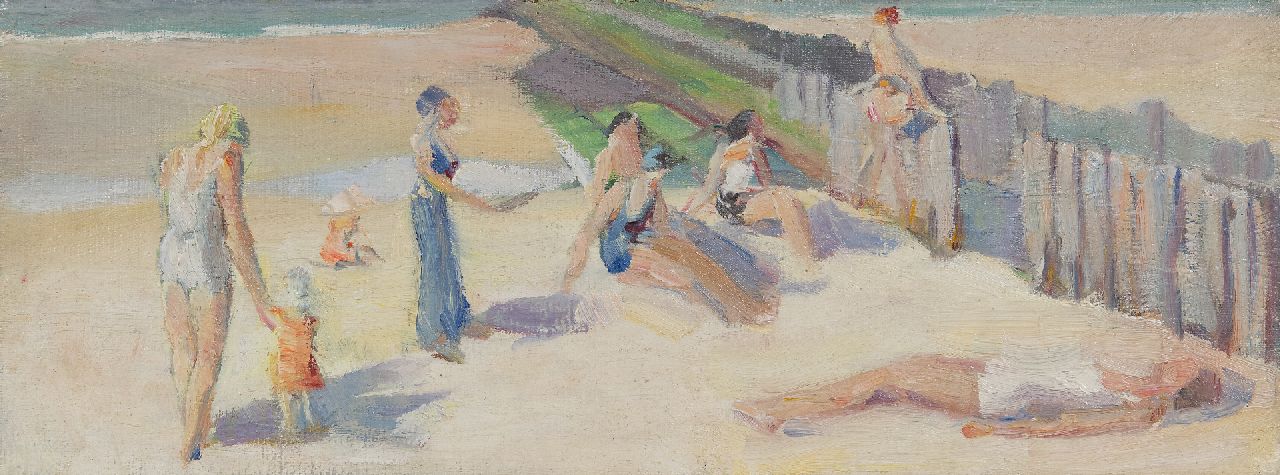 Kat E. de | Ewoud de Kat | Paintings offered for sale | Sunbathing on the beach, Zeeland, oil on canvas 13.5 x 35.3 cm