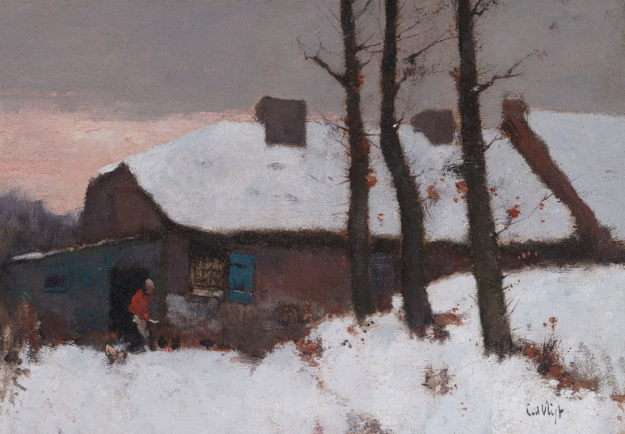 Vlist L. van der | Leendert van der Vlist | Paintings offered for sale | Feeding chickens in the snow, oil on canvas 24.8 x 34.6 cm, signed l.r. and without frame