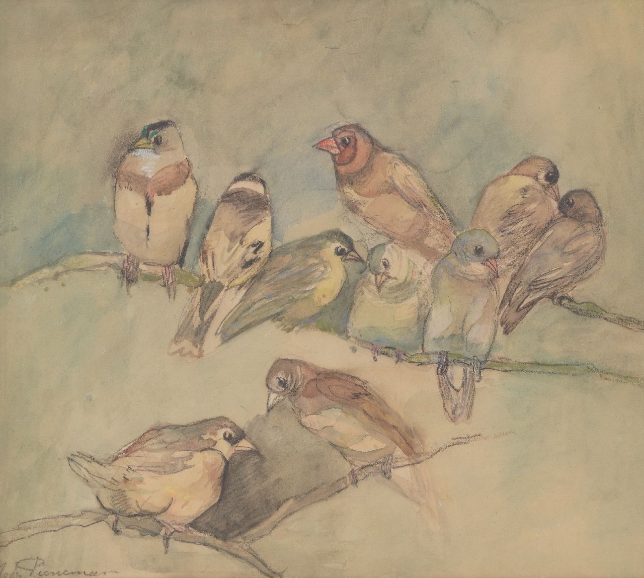 Johanna Pieneman | Finches, black chalk and watercolour on paper, 30.3 x 33.5 cm, signed l.l.