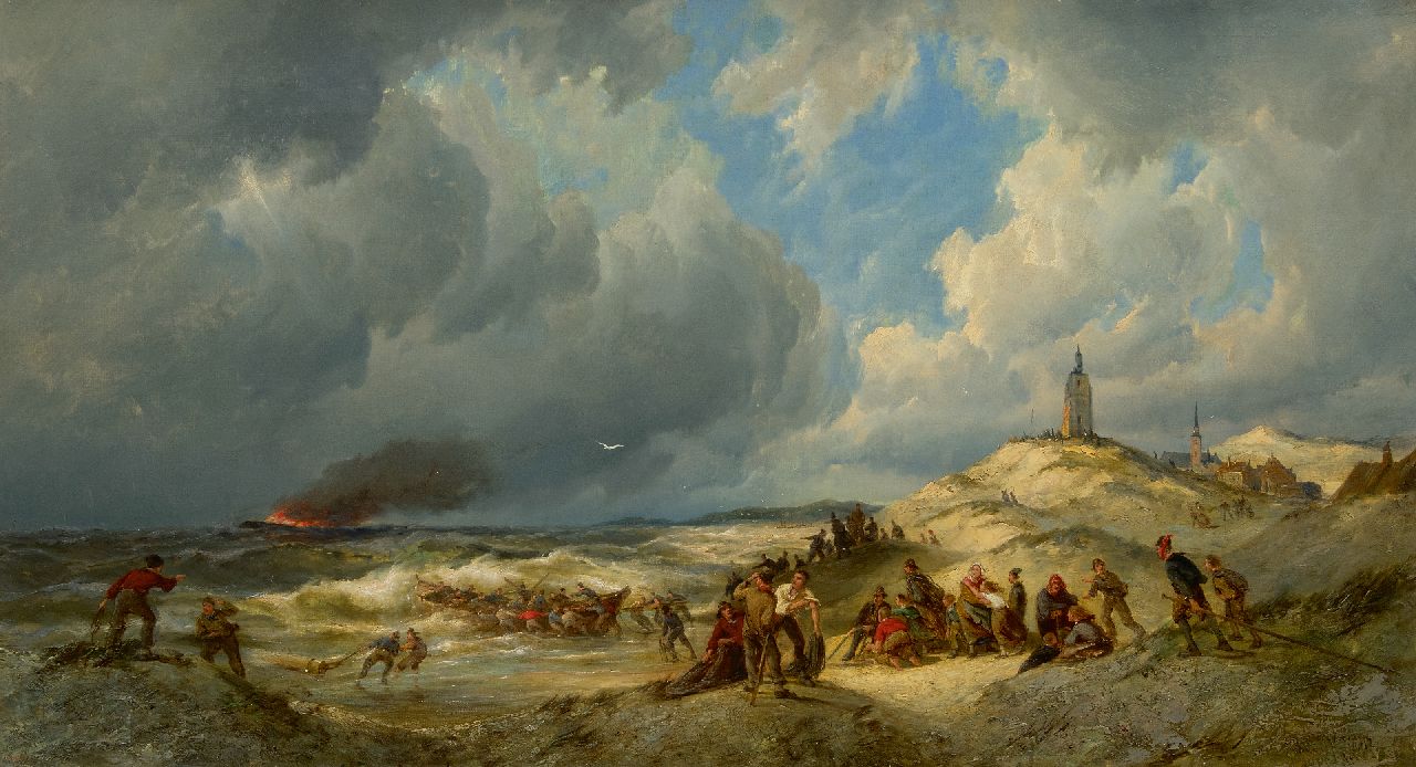 Dommershuijzen P.C.  | Pieter Cornelis Dommershuijzen, Shipwreck of the English bark P. Nicolas - alias De Olieman - off the coast near Zandvoort, oil on canvas 57.0 x 102.0 cm, signed l.r. and dated 1881