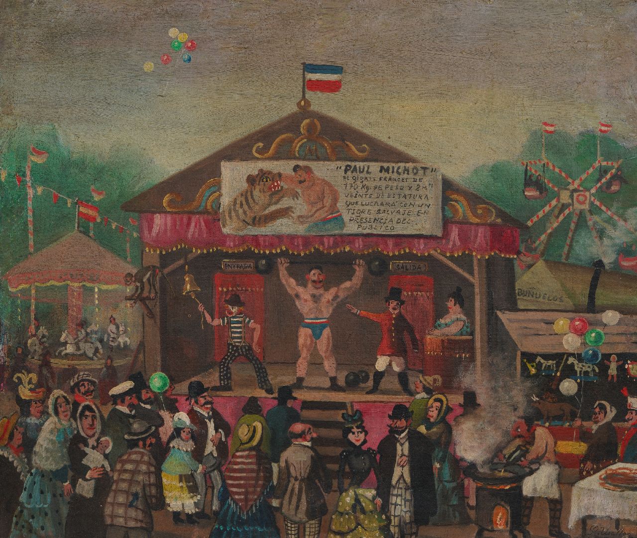 Spaanse School, 19e eeuw | The strongest man's fairground tent, oil on canvas, 65.0 x 77.3 cm, signed l.r.