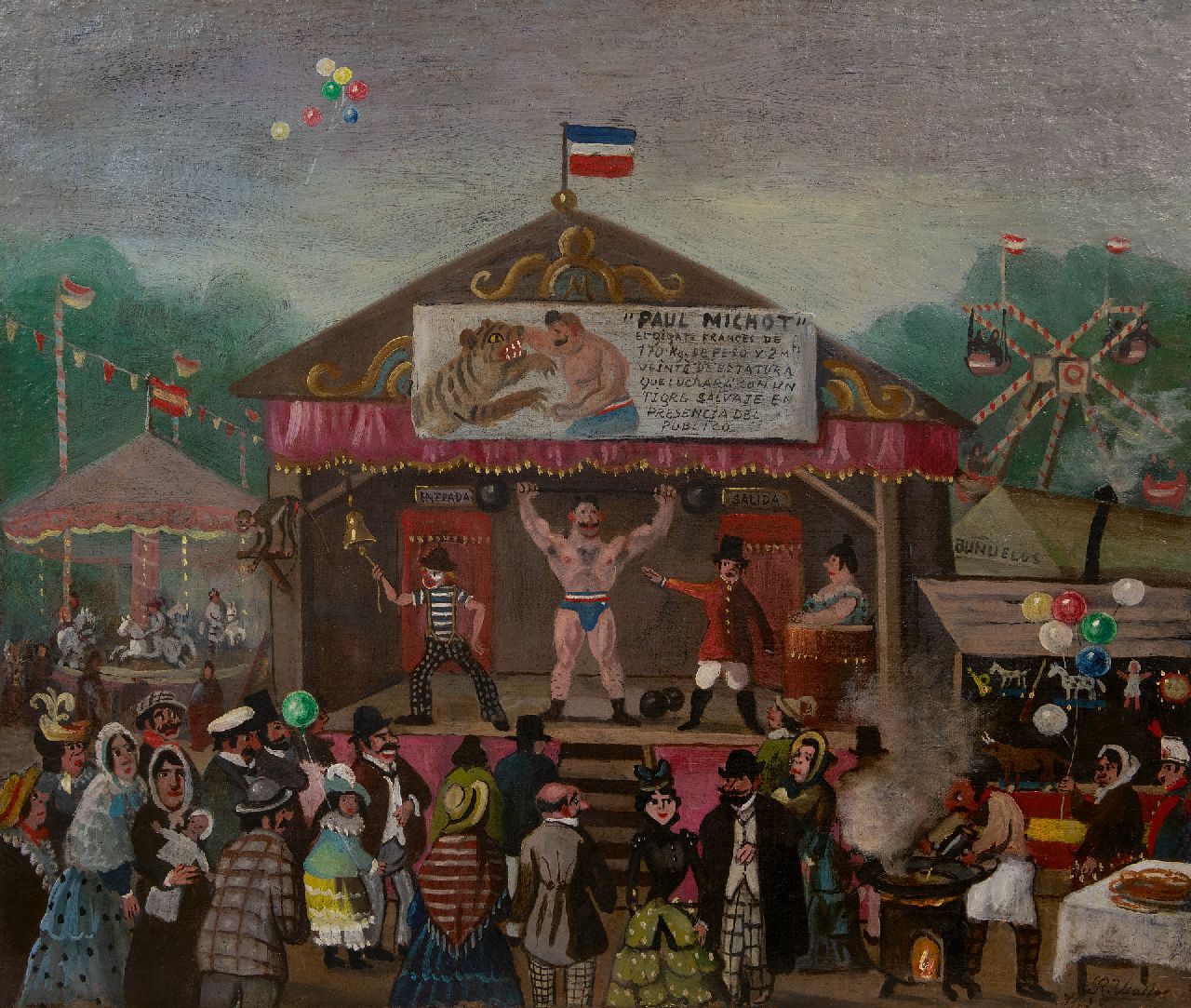 Spaanse School, 19e eeuw   | Spaanse School, 19e eeuw | Paintings offered for sale | The strongest man's fairground tent, oil on canvas 65.0 x 77.3 cm, signed l.r.