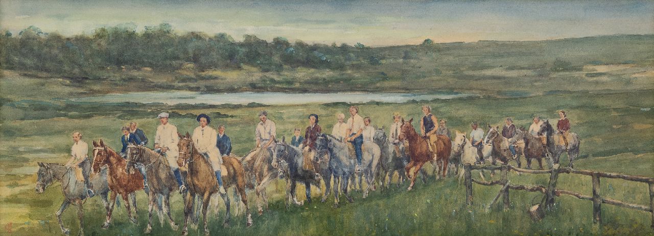 Jonge J.A. de | Johan Antoni de Jonge, Riders in the dunes, watercolour on paper 24.0 x 65.1 cm, signed l.l. with monogram