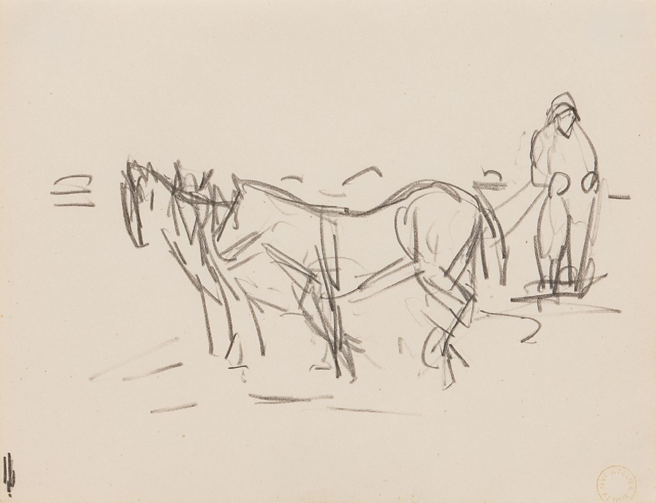 Altink J.  | Jan Altink | Watercolours and drawings offered for sale | Plowing farmer, pencil on paper 15.0 x 20.0 cm, signed l.r. with studio stamp
