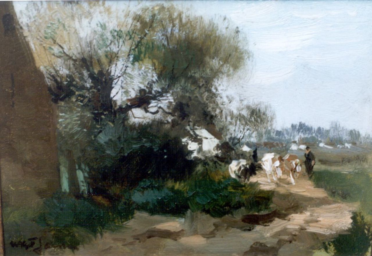 Jansen W.G.F.  | 'Willem' George Frederik Jansen, A herdsman with cattle, oil on panel 15.1 x 21.6 cm, signed l.l.