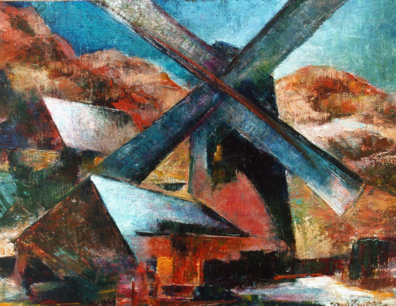 Zweep D.J. van der | 'Douwe' Jan van der Zweep, A windmill in a landscape, oil on canvas laid down on painter's board 28.7 x 38.2 cm, signed l.r. and dated '51