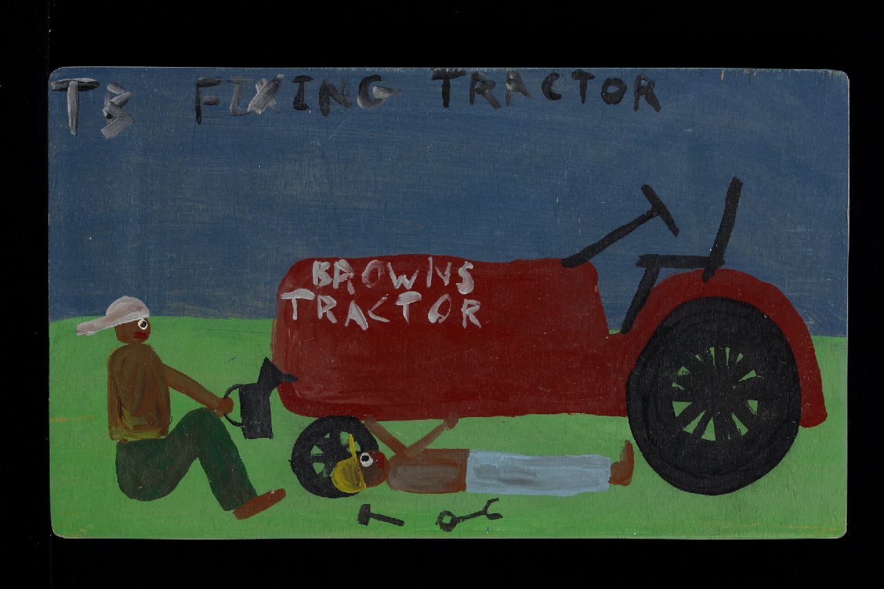 Brown T.  | Timothy 'Tim' Brown, Fixing tractor, acrylic on panel 30.0 x 50.0 cm, signed u.l. with initials