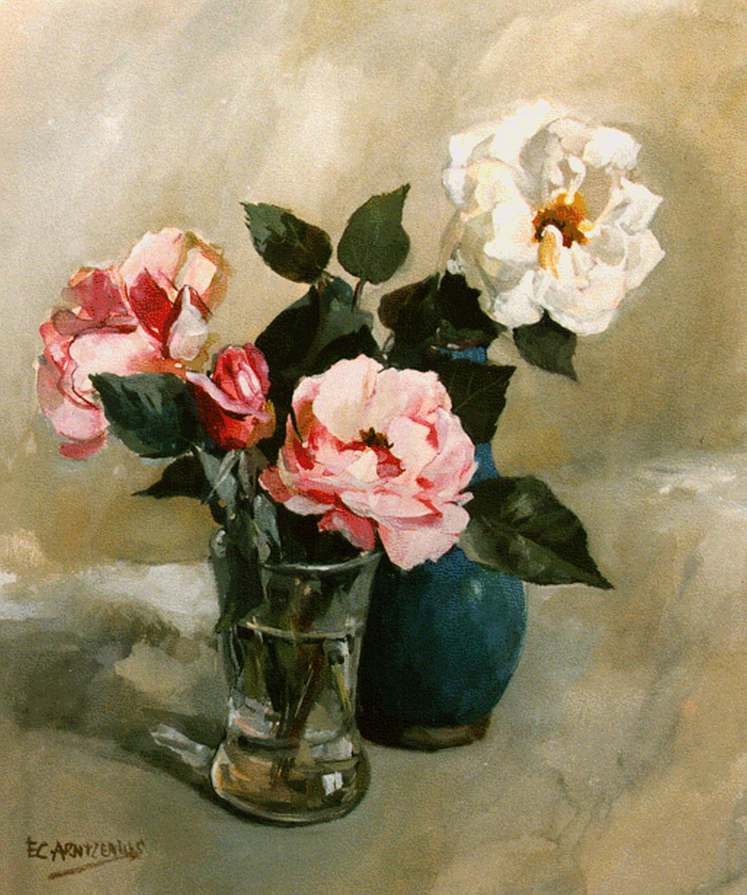 Arntzenius E.C.  | Elise Claudine Arntzenius, A still life with pink and white roses, watercolour on paper 40.0 x 34.2 cm, signed l.l.