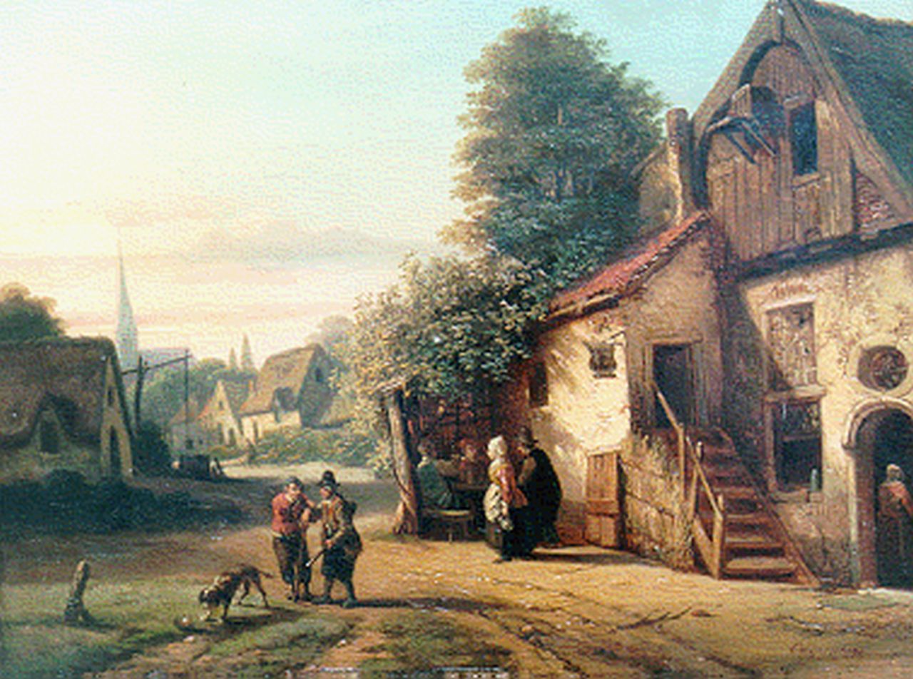 Henri Joseph Gommarus Carpentero | Travellers by an inn, oil on panel, 25.4 x 34.8 cm, signed l.r.