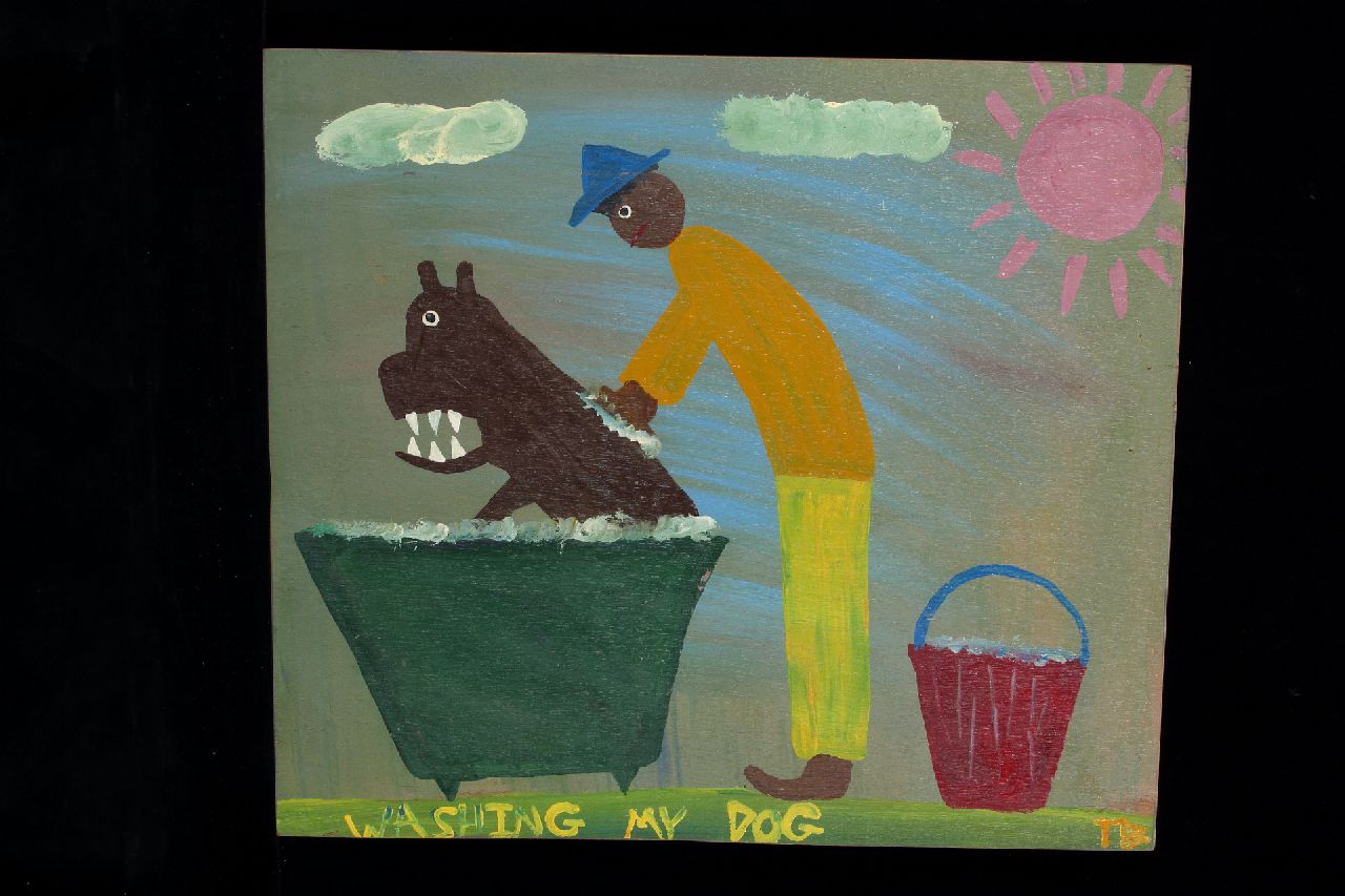 Brown T.  | Timothy 'Tim' Brown, Washing my dog, acrylic on panel 47.0 x 55.0 cm, signed l.r. with initials