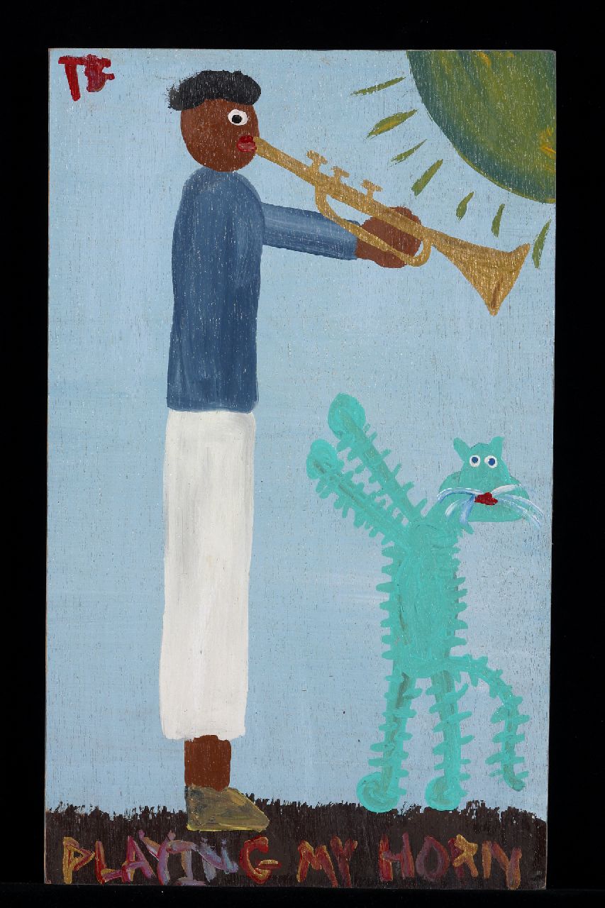 Brown T.  | Timothy 'Tim' Brown, Playing my horn, acrylic on panel 44.0 x 27.0 cm, signed u.l. with initials