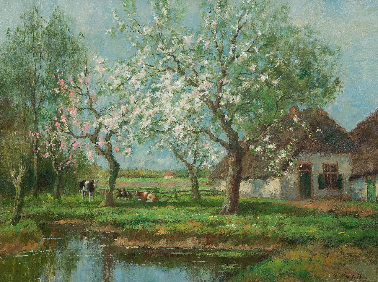 Bouter C.W.  | Cornelis Wouter 'Cor' Bouter | Paintings offered for sale | Farmyard in spring, oil on canvas 61.0 x 81.6 cm, signed l.r. 'W. Hendriks' (pseudonym)