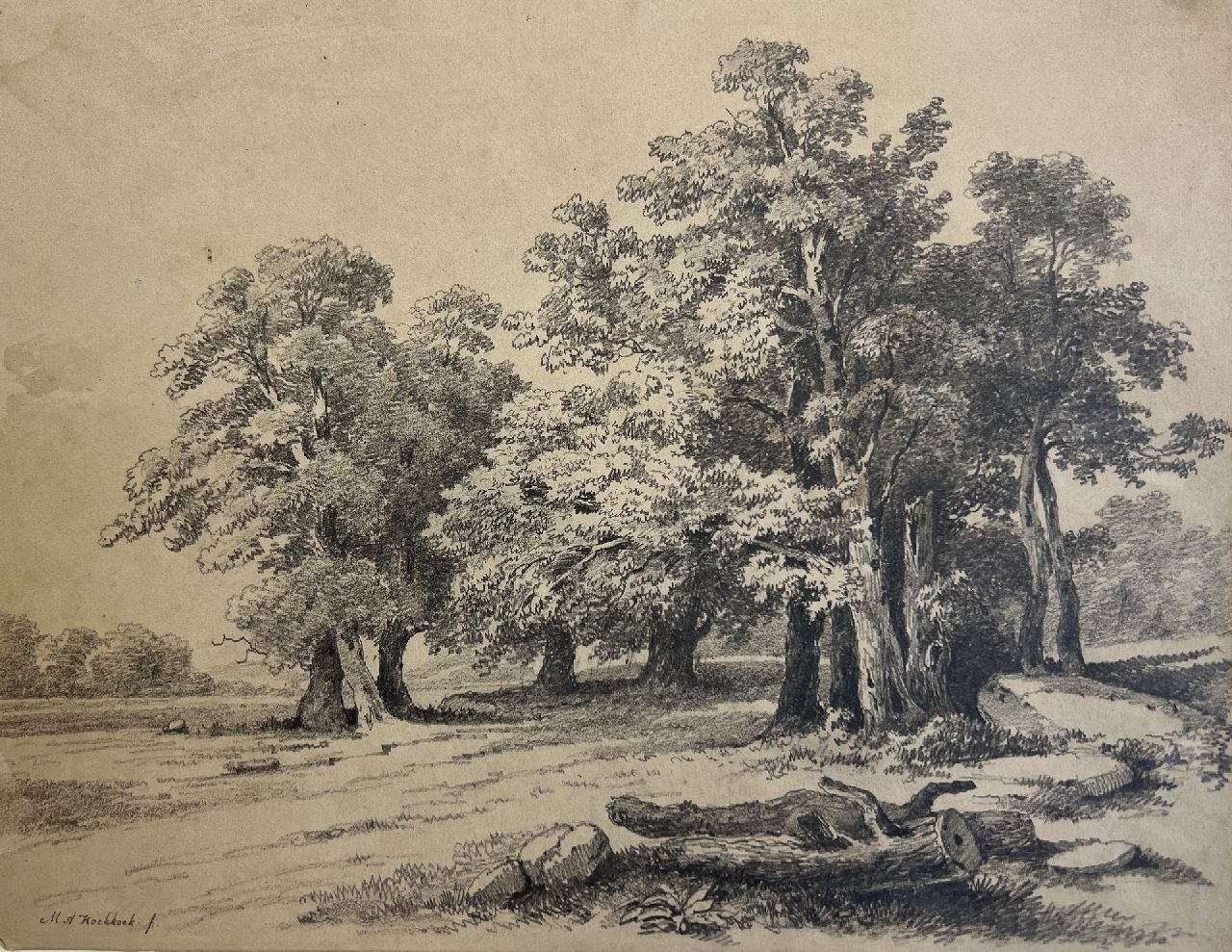 Koekkoek I M.A.  | Marinus Adrianus Koekkoek I | Watercolours and drawings offered for sale | Landscape with old oak trees, pencil on paper 24.5 x 32.0 cm, signed l.l.