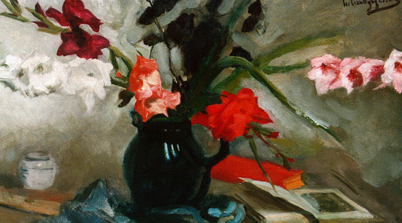 Wijngaerdt P.T. van | Petrus Theodorus 'Piet' van Wijngaerdt, A still life with sword lilies and a book, oil on canvas 70.3 x 120.5 cm, signed u.r.