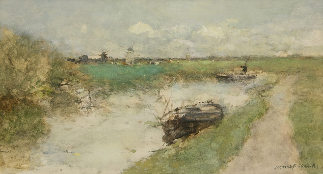 Weissenbruch H.J.  | Hendrik Johannes 'J.H.' Weissenbruch, A polder landscape, watercolour on paper 30.0 x 54.6 cm, signed l.r.