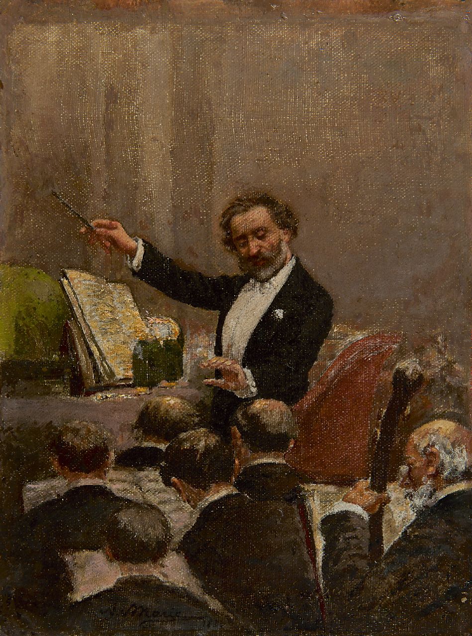 Marie A.E.  | Adrien Emmanuel Marie | Paintings offered for sale | Giuseppe Verdi conducts the opera orchestra at the first performance of Aïda in Paris, 1880, oil on canvas 29.8 x 22.5 cm, signed c.l. and executed 1880