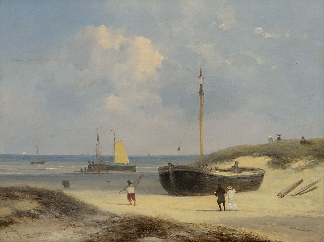 Hoppenbrouwers J.F.  | Johannes Franciscus Hoppenbrouwers, Elegant figures, fishermen and fishing boats on the beach at Scheveningen, oil on panel 22.4 x 29.0 cm, signed l.l.