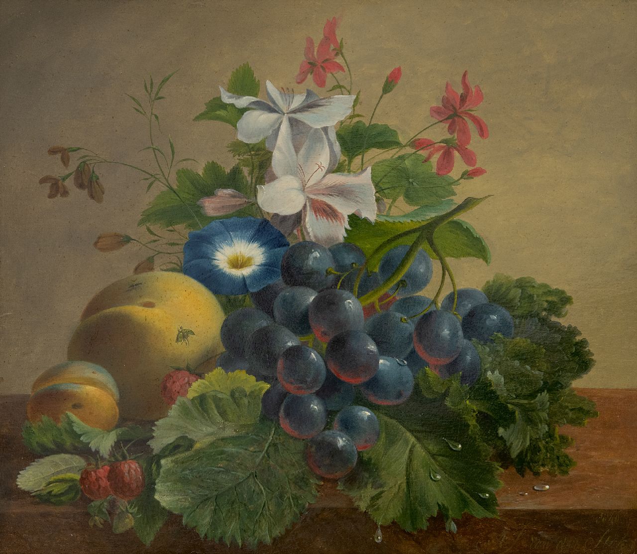 Stok J. van der | Jacoba van der Stok, Still life with flowers and fruit on a ledge, oil on panel 26.2 x 30.1 cm, signed l.r. and dated 1840