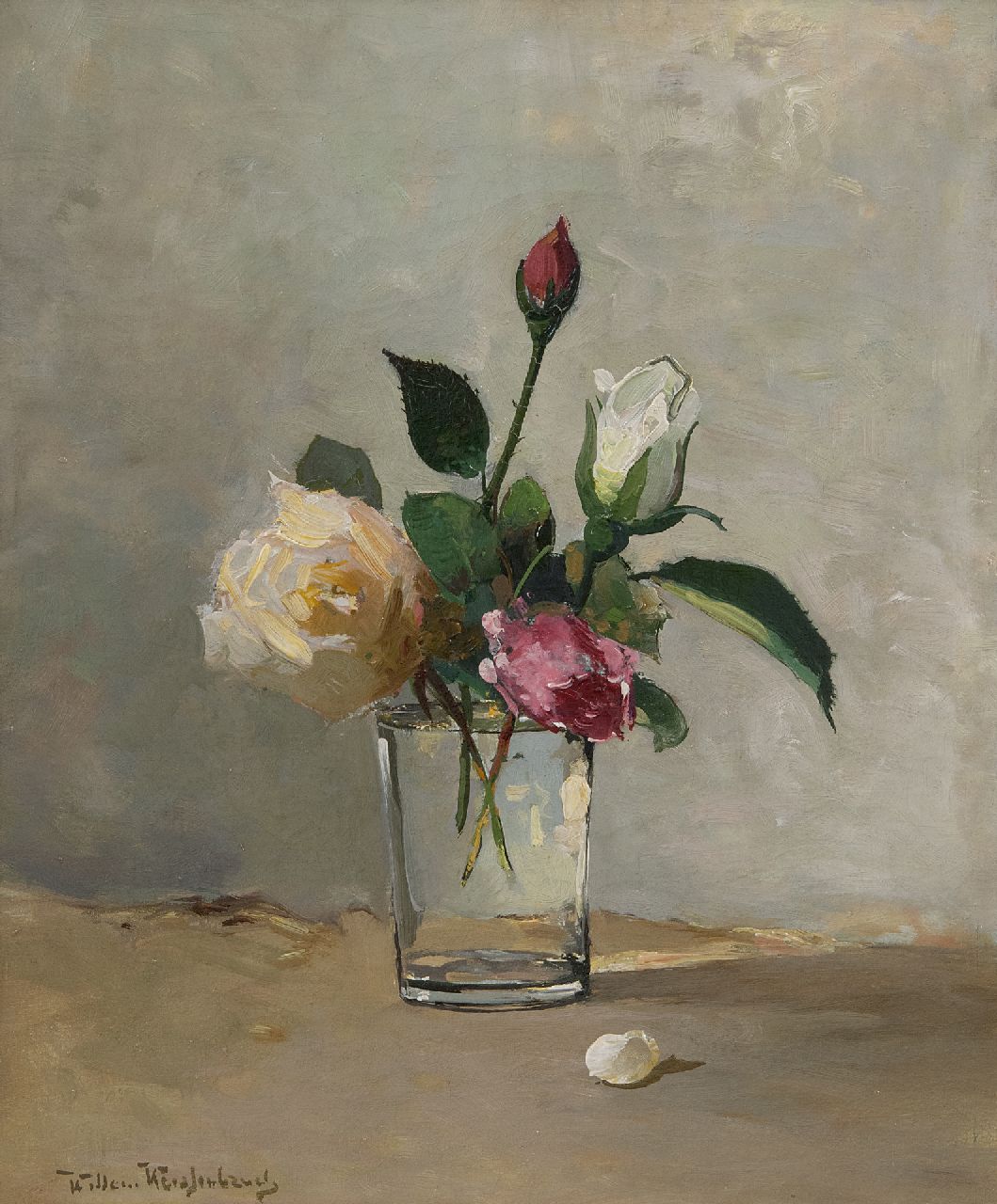 Weissenbruch W.J.  | 'Willem' Johannes Weissenbruch | Paintings offered for sale | Still life with roses in a glass, oil on canvas 31.9 x 27.0 cm, signed l.l.