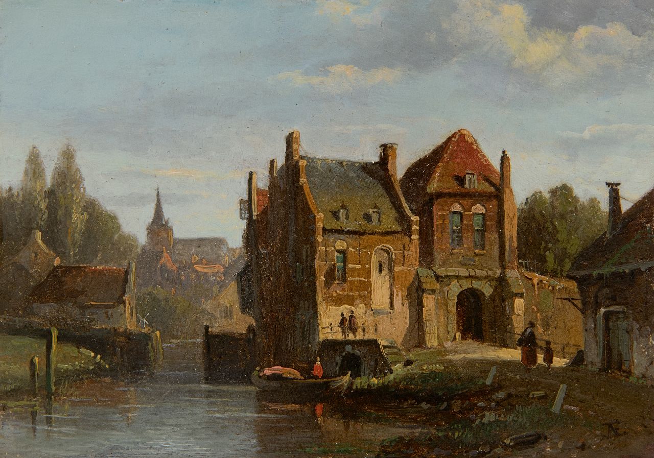 Eversen A.  | Adrianus Eversen | Paintings offered for sale | Sunny town view with a city gate, oil on panel 13.1 x 18.0 cm, signed l.r. with monogram