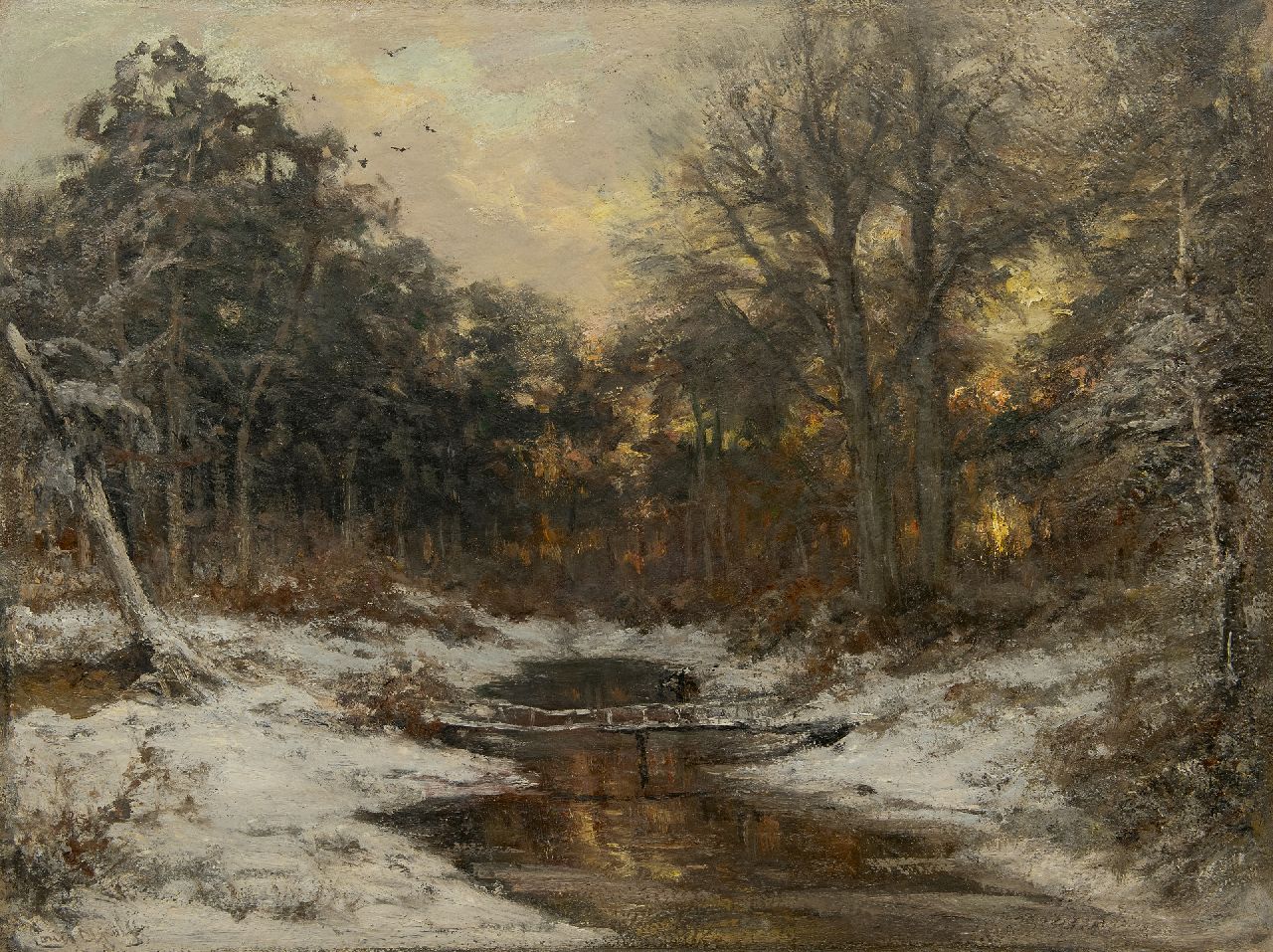 Apol L.F.H.  | Lodewijk Franciscus Hendrik 'Louis' Apol | Paintings offered for sale | Snowy forest at sunset, oil on canvas 71.0 x 92.6 cm, signed l.l.