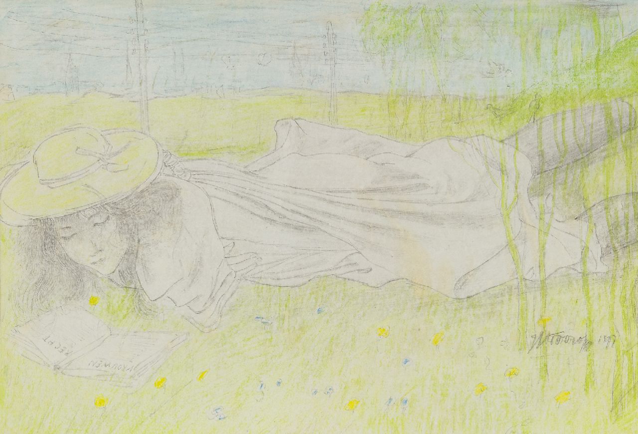 Toorop J.Th.  | Johannes Theodorus 'Jan' Toorop | Watercolours and drawings offered for sale | Young woman reading prose ('Vrouwenrecht'), pencil and chalk on paper 16.2 x 20.5 cm, signed l.r. and dated 1897