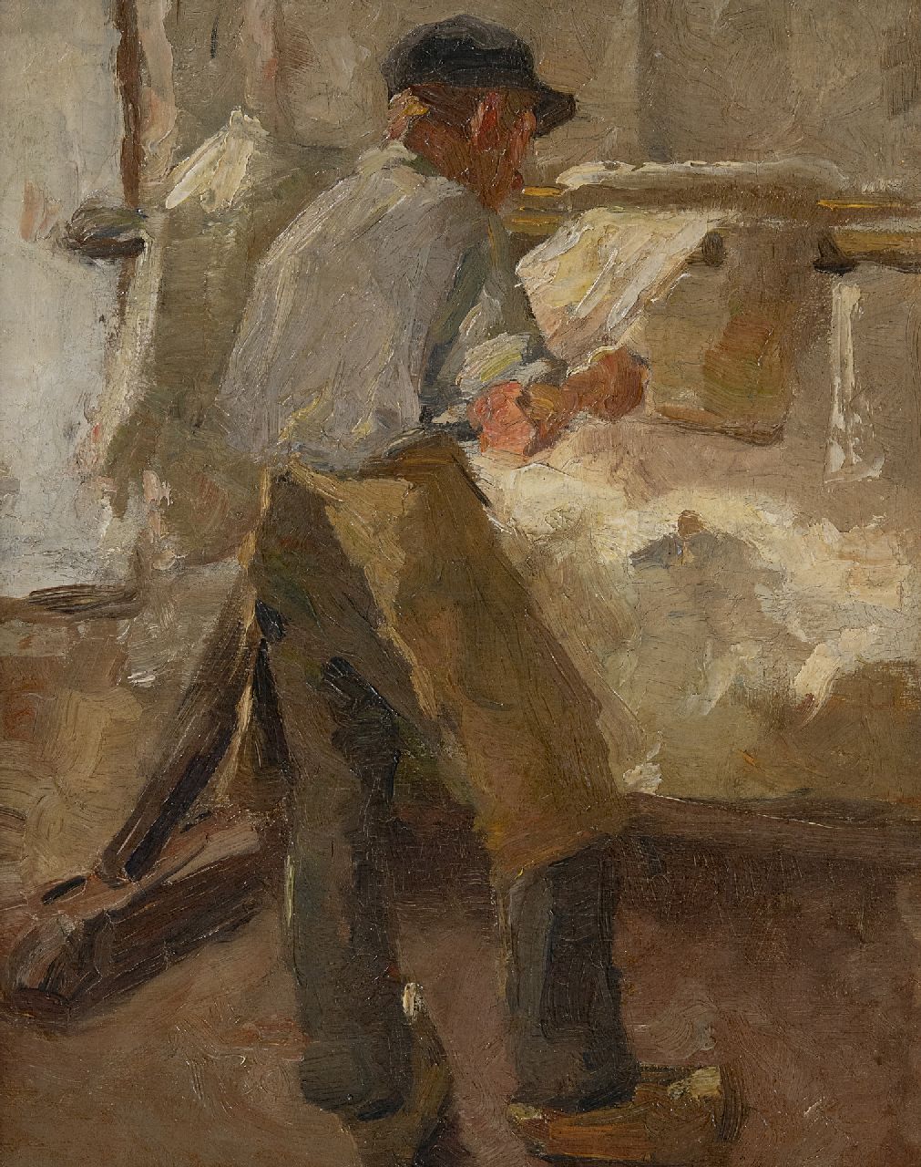 Rappard A.G.A. van | 'Anthon' Gerhard Alexander van Rappard | Paintings offered for sale | Young workman at a stretching frame, oil on canvas 33.1 x 26.3 cm, painted ca. 1890-1891
