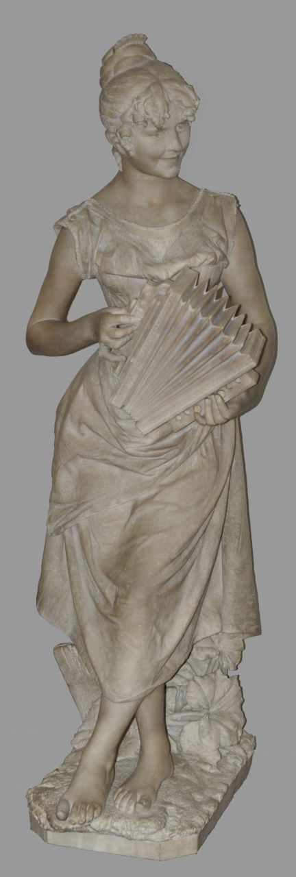 Cambi Prof. A.  | Andrei Cambi | Sculptures and objects offered for sale | The accordeonist (a pair with 15881 Country girl), marble 132.0 x 54.0 cm, signed on the back and dated 'Firenze 1891'