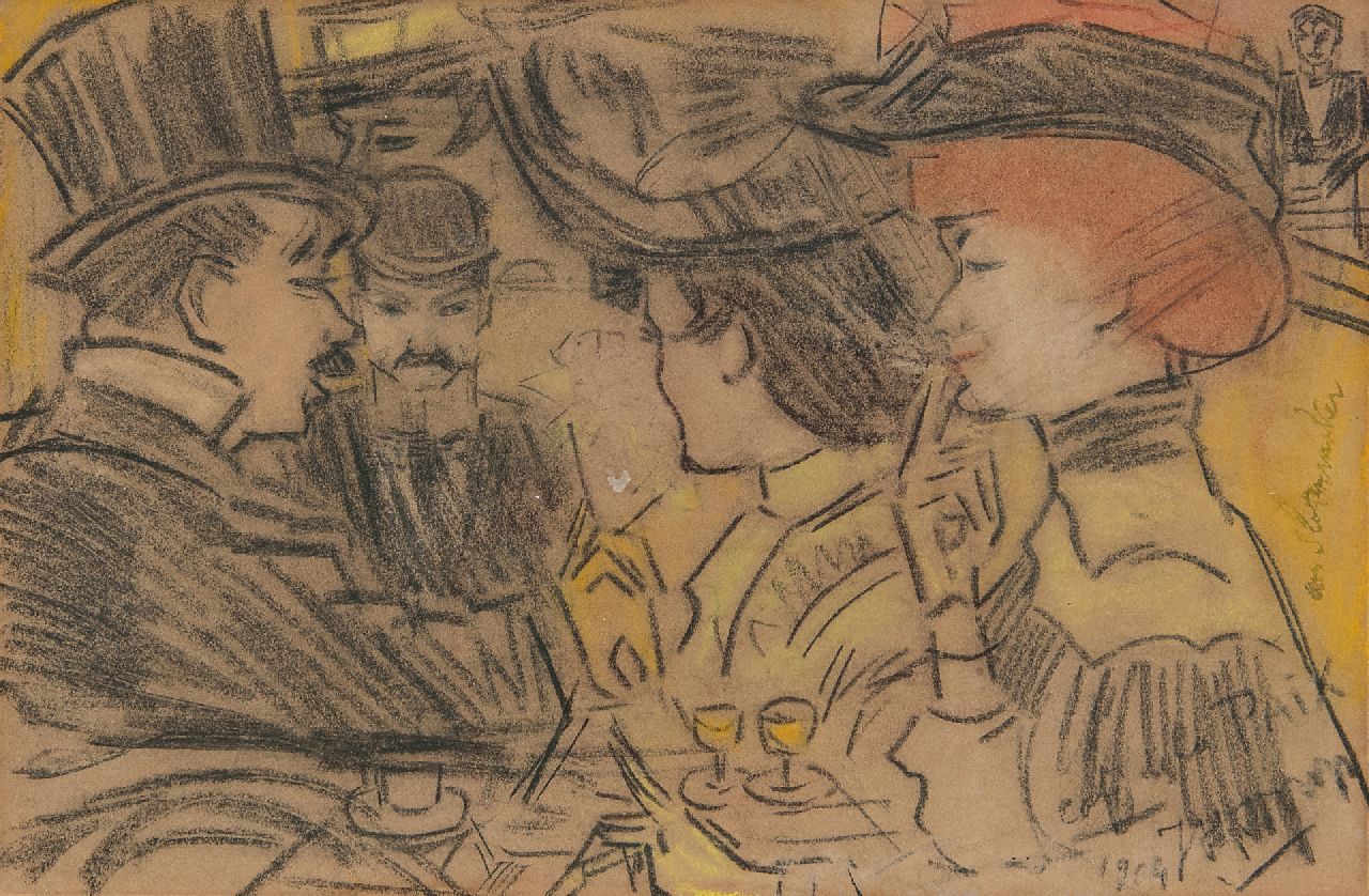 Toorop J.Th.  | Johannes Theodorus 'Jan' Toorop | Watercolours and drawings offered for sale | Elegant company in Café de la Paix, Paris, black and coloured chalk on paper 14.6 x 22.1 cm, signed l.r. and dated 1904