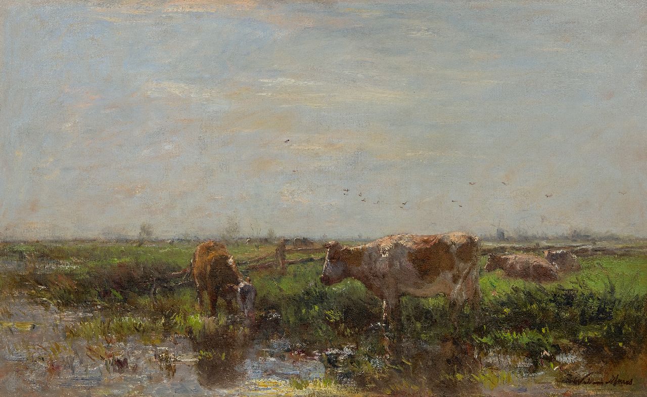 Maris W.  | Willem Maris | Paintings offered for sale | Summer landscape with cows on the riverbank, oil on canvas 53.8 x 87.2 cm, signed l.r.