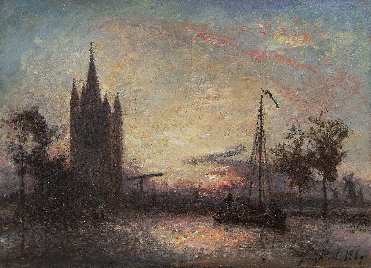 Jongkind J.B.  | Johan Barthold Jongkind | Paintings offered for sale | Coucher de soleil sur l'église, Hollande, oil on canvas 24.3 x 32.5 cm, signed l.r. and dated 1869