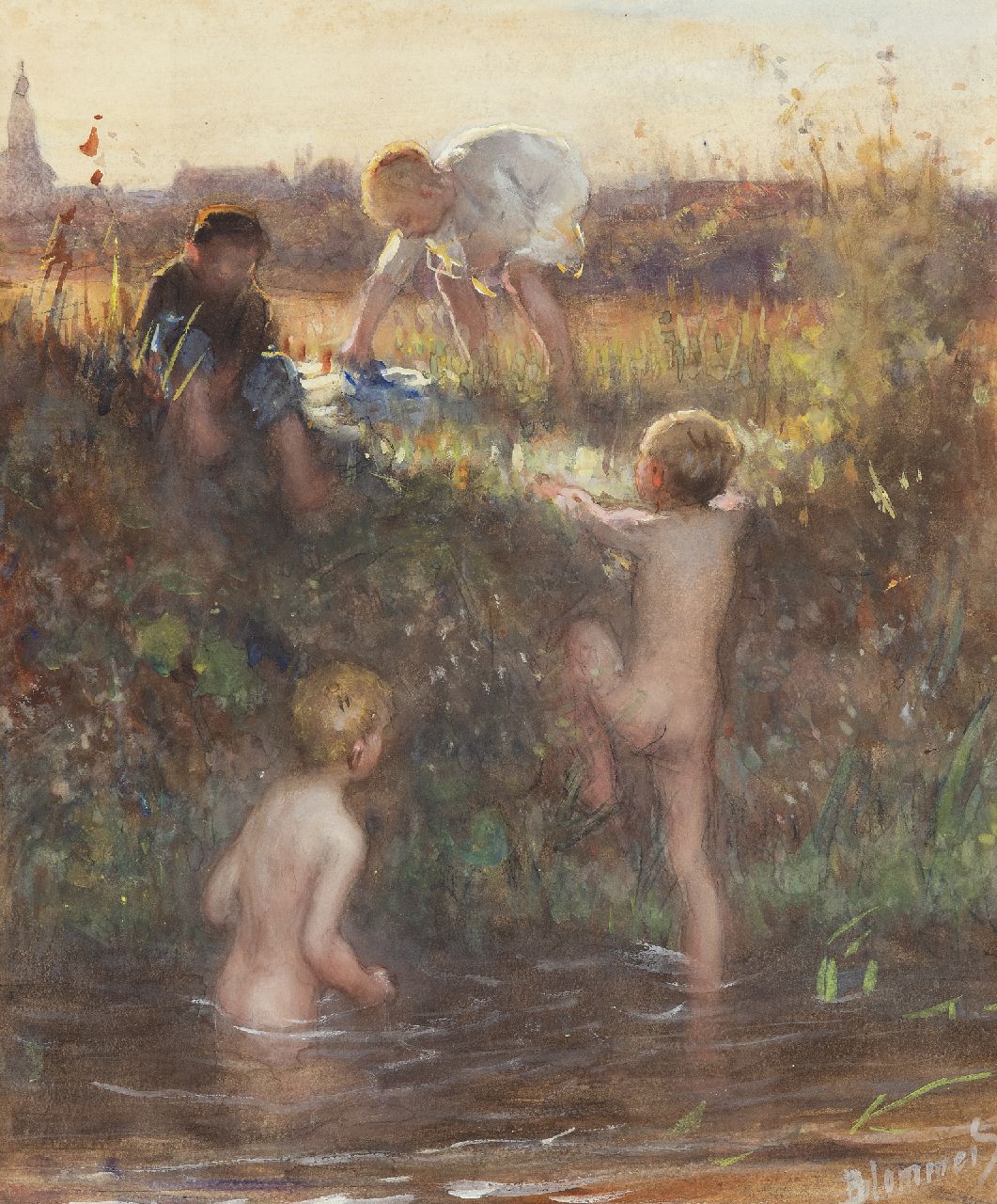 Blommers B.J.  | Bernardus Johannes 'Bernard' Blommers | Watercolours and drawings offered for sale | Bathing children in Het Kanaal, Scheveningen, watercolour on paper 38.9 x 32.3 cm, signed l.r. and painted ca. 1895-1907