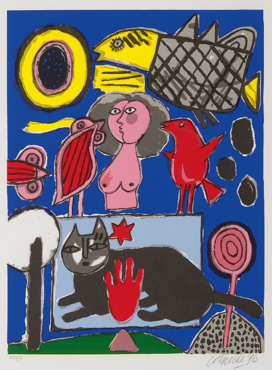 Corneille ('Corneille' Guillaume Beverloo)   | Corneille ('Corneille' Guillaume Beverloo) | Prints and Multiples offered for sale | Composition with black cat, pink woman and birds, lithograph on paper 47.6 x 35.7 cm, signed l.r. (in pencil) and dated '96 (in pencil)