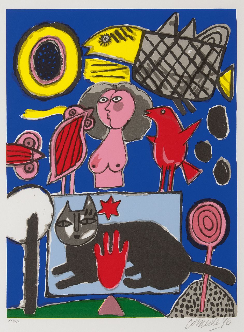 Corneille ('Corneille' Guillaume Beverloo)   | Corneille ('Corneille' Guillaume Beverloo) | Prints and Multiples offered for sale | Composition with black cat, pink woman and birds, lithograph on paper 47.6 x 35.7 cm, signed l.r. (in pencil) and dated '96 (in pencil)