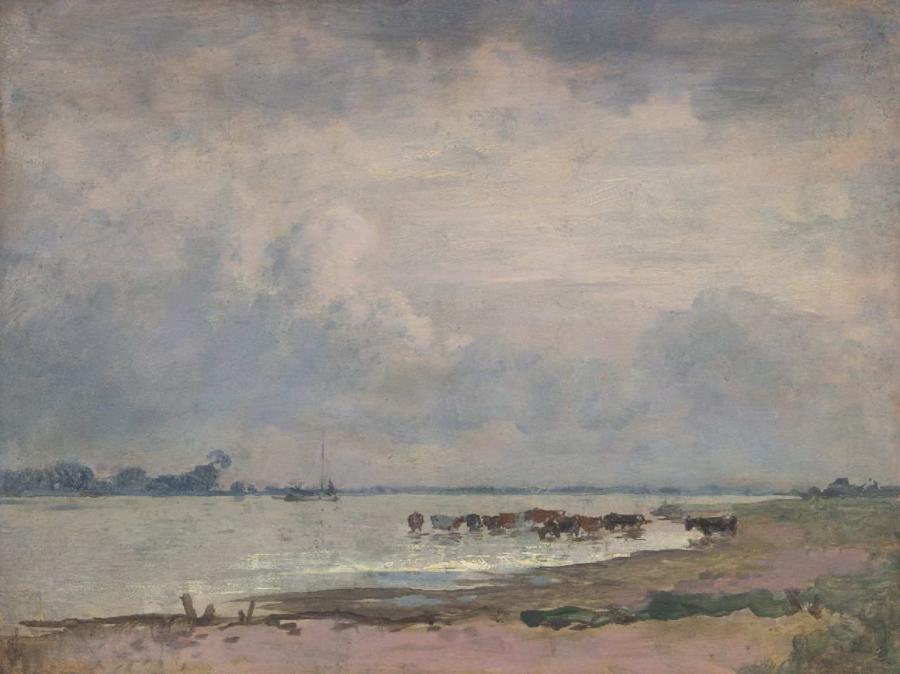 Voerman sr. J.  | Jan Voerman sr. | Paintings offered for sale | View of the river IJssel with watering cows, oil on panel 31.4 x 41.2 cm, signed with stamp on the reverse