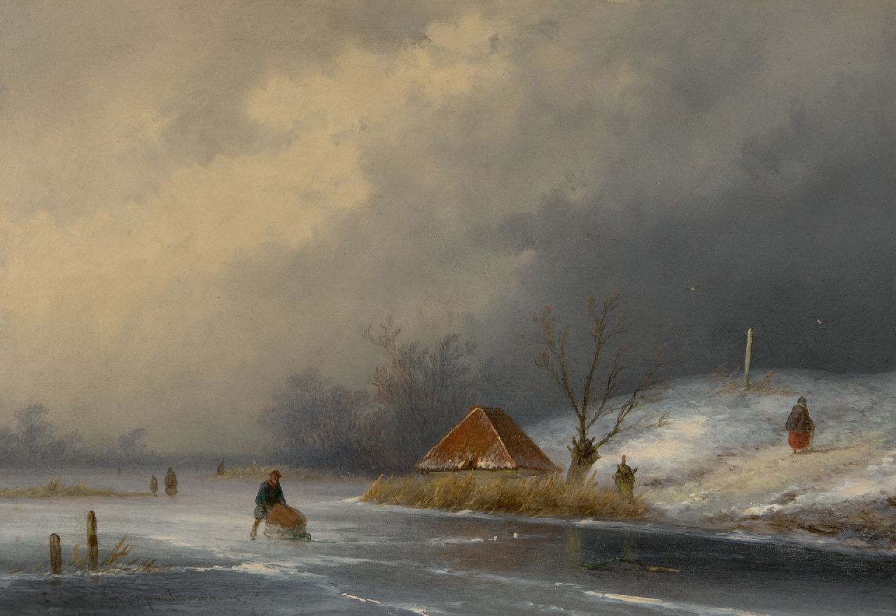 Hoppenbrouwers J.F.  | Johannes Franciscus Hoppenbrouwers | Paintings offered for sale | Figures a frozen river with approaching snowstorm, oil on panel 22.3 x 31.5 cm, signed l.l.