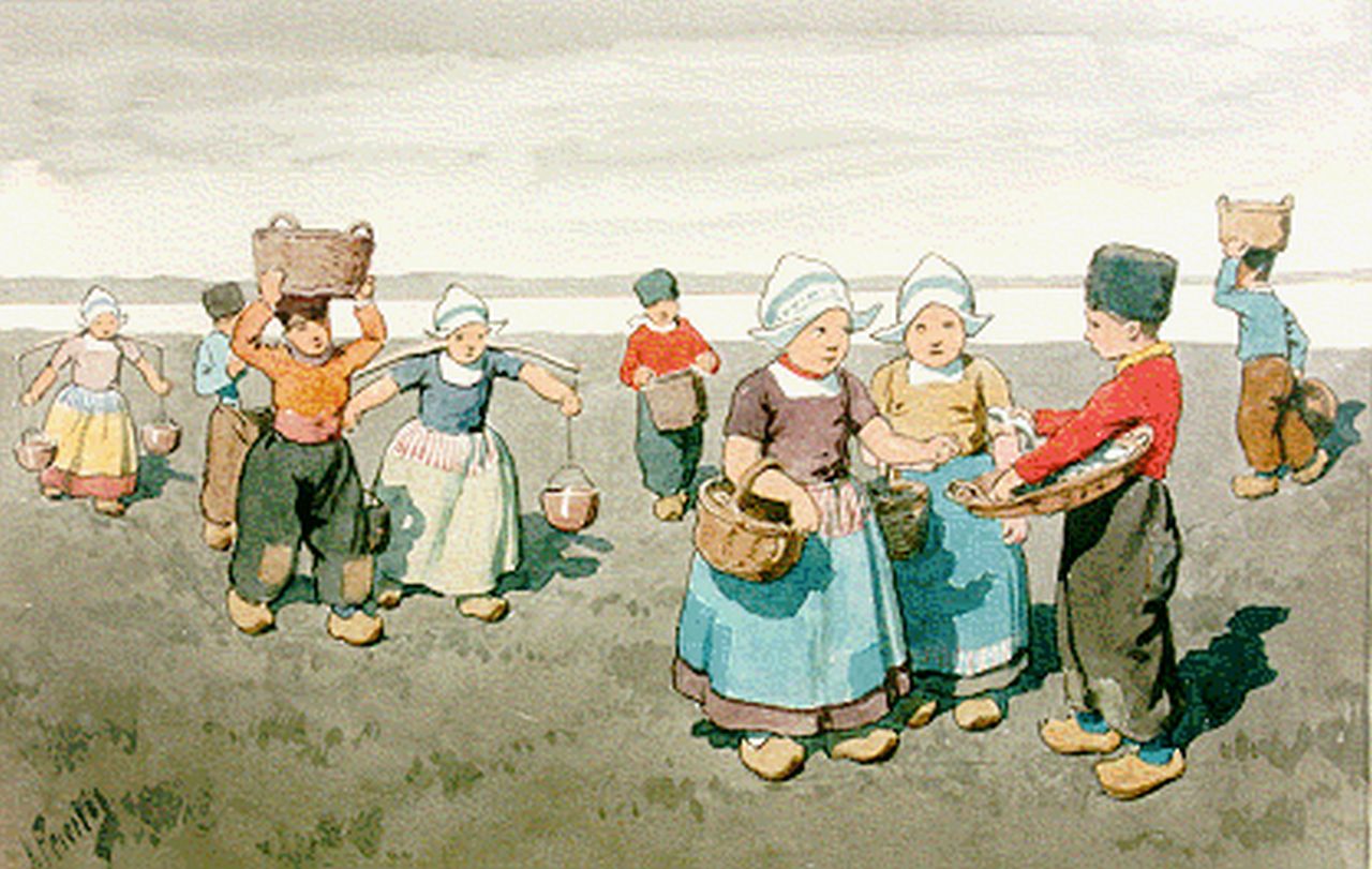 Feiertag K.  | Karl Feiertag, Natives of Volendam in summer, watercolour on paper 17.8 x 28.0 cm, signed l.l.