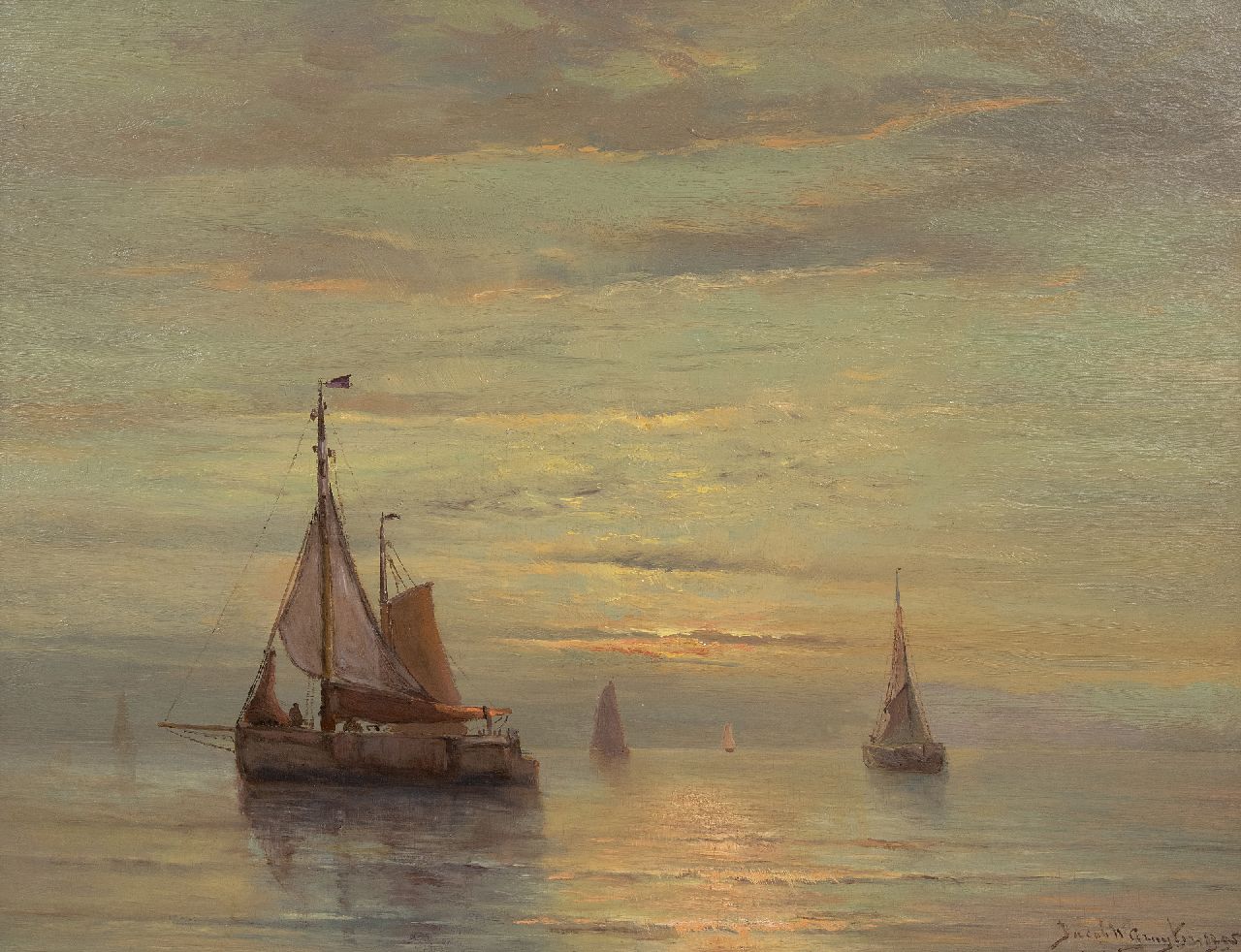 Gruijter J.W.  | Jacob Willem Gruijter | Paintings offered for sale | Ships in a calm at sunset, oil on panel 50.4 x 65.0 cm, signed l.r. and dated 1905, without frame