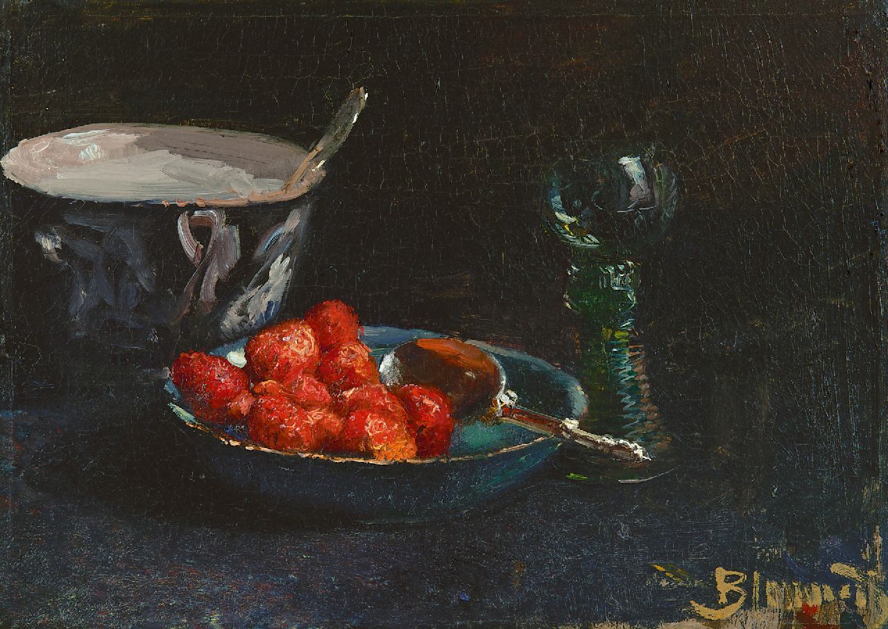 Blommers B.J.  | Bernardus Johannes 'Bernard' Blommers | Paintings offered for sale | Strawberries with whipped cream and a Rhine wine glass, oil on canvas 28.8 x 40.0 cm, signed l.r. and painted ca. 1880