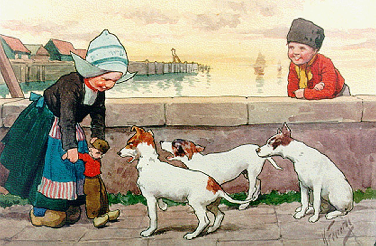 Feiertag K.  | Karl Feiertag, Children on a quay, Volendam, watercolour on paper 17.5 x 27.6 cm, signed l.r.