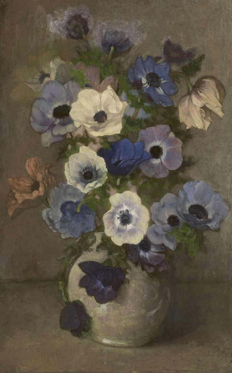 Wandscheer M.W.  | Maria Wilhelmina 'Marie' Wandscheer | Paintings offered for sale | Anemones in a white vase, oil on canvas laid down on board 60.7 x 41.0 cm, signed l.r. with initials