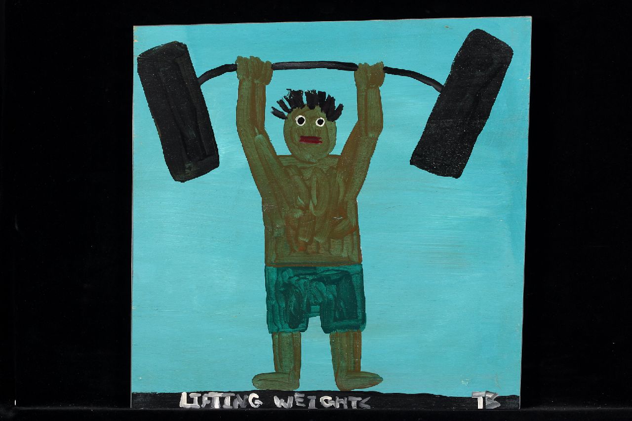 Brown T.  | Timothy 'Tim' Brown, Lifting weights, acrylic on panel 42.0 x 43.0 cm, signed l.r. with initials