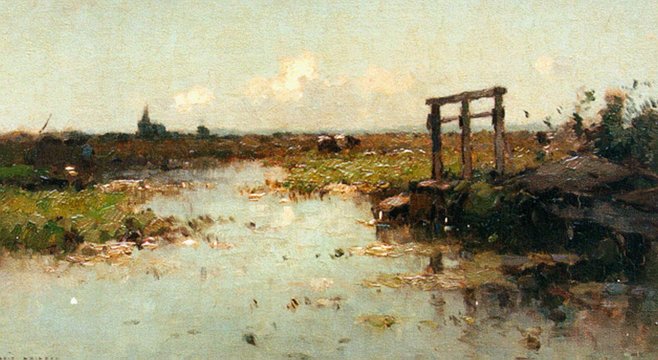 Knikker A.  | Aris Knikker, A polder landscape with a church in the distance, oil on canvas laid down on panel 25.2 x 42.7 cm, signed l.l.