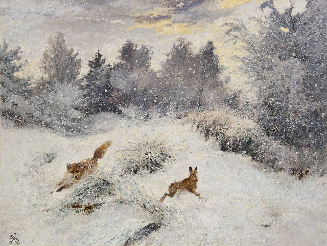 Poortvliet R.  | Rien Poortvliet | Paintings offered for sale | Hunting fox in a snowy landscape, oil on canvas 60.4 x 79.9 cm, signed l.l. and without frame