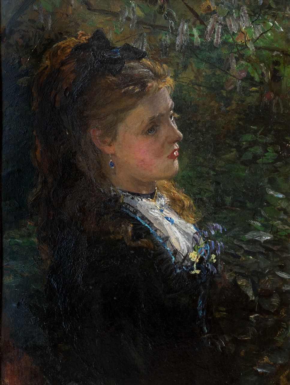 James Carroll Beckwith | Portrait of a young woman, ca 1875 probably the younge Émilie-Louise Delabigne (Valtesse de la Bigne)., oil on board, 40.0 x 30.0 cm, ca. 1875-1878