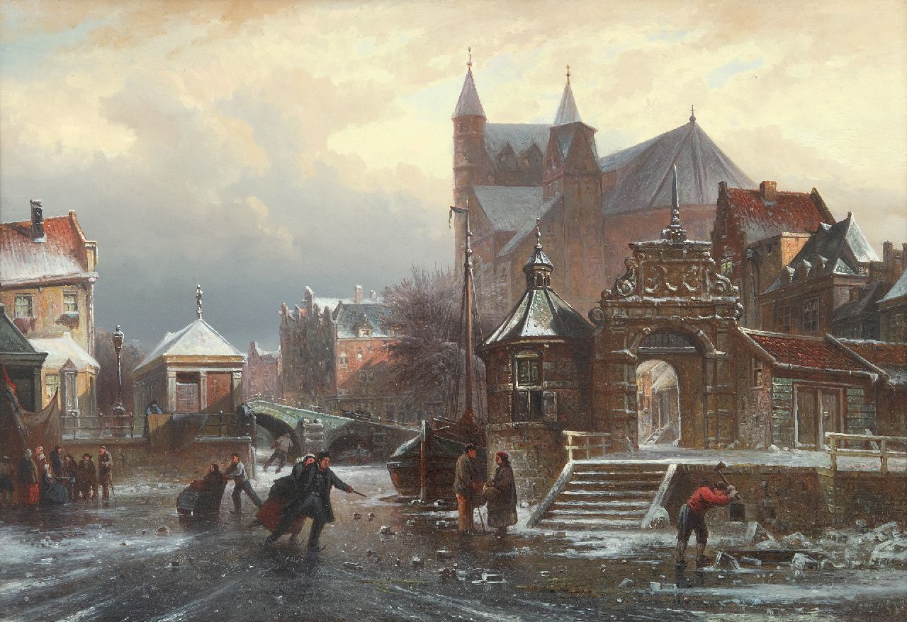 Elias Pieter van Bommel | Skating fun on a frozen canal in a town, oil on panel, 36.7 x 54.4 cm, signed l.r. and dated '72